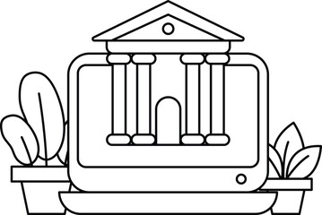 A computer monitor with a building in the background