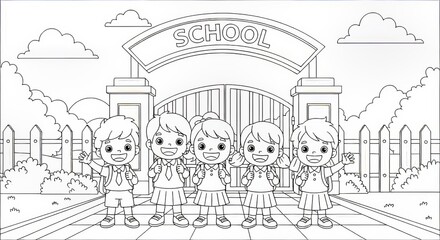 Obraz premium Back to School Coloring Page ,Happy Kids with Backpacks Smiling and Waving in Front of School Gate, Fun Printable for Children’s Learning and Art Activity