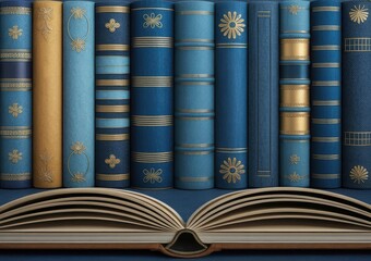 Blue Denim Book Stack with Ornate Metallic Accents