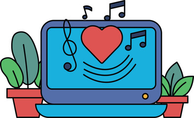 A laptop with a heart and musical notes on it