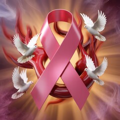 Glowing Pink Ribbon Surrounded by Doves and Flames