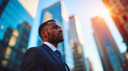 A black businessman against the backdrop of skyscrapers in a metropolis in the summer