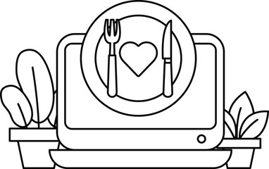 A computer monitor with a plate of food and utensils on it