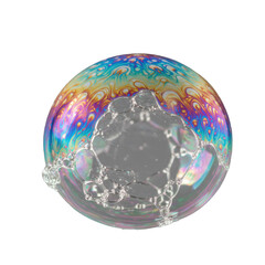 Colossal iridescent soap bubble bursting, delicate film tearing, escaping mist, vibrant pastel/jewel-toned colors, clean transparent studio background, macro photography, beauty of impermanence