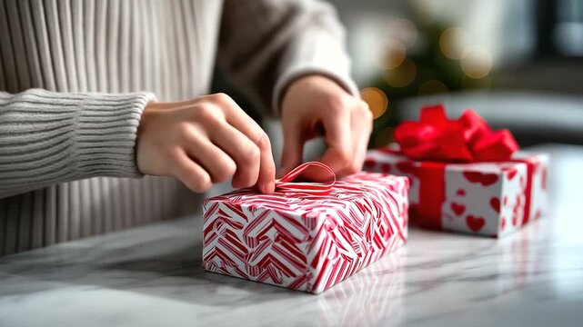 Defocused person wrapping gift with sharp focused seamless candy cane and present pattern on paper, with copy space