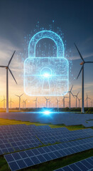 Digital padlock wind turbine solar panel renewable energy security technology clean power futuristic landscape sustainability innovation