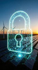 Digital padlock wind turbine solar panel renewable energy cybersecurity technology futuristic data protection green energy sunset. Digital padlock overlay wind turbine and solar panel field sunset