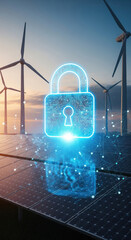 Digital padlock wind turbine solar panel renewable energy cybersecurity technology futuristic secure network clean energy. image shows glowing digital padlock overlaying solar panels and wind