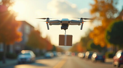 A drone flies with a box through a small town. Concept of delivery progress.