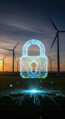 Digital padlock circuit pattern wind turbine field sunset security technology renewable energy futuristic protection innovation glowing