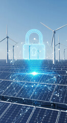 Solar panel wind turbine renewable energy cybersecurity digital lock technology clean energy futuristic blue sky sustainable power create secure and innovative atmosphere for green technology