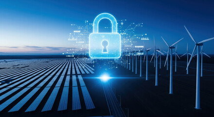 Digital lock cybersecurity renewable energy solar panel wind turbine technology data protection futuristic blue security innovation sustainable energy and clean power. image conveys sense