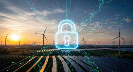 Digital lock wind turbine solar panel renewable energy cybersecurity data protection futuristic technology landscape sustainability security