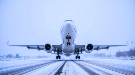 A white passenger plane takes off from an airport runway in freezing, cloudy weather. A winter air travel concept.