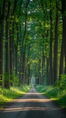 Obraz premium Sunlit forest path between tall green trees