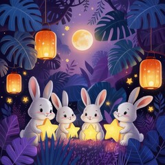 Moonlit Garden of Four White Bunnies and Lanterns
