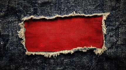 Realistic-style close-up of red patch on dark denim: white stitching + frayed edges, center empty space for text/elements, rough fabric texture enhances authenticity