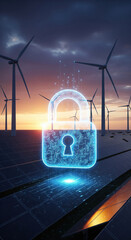 Digital padlock cybersecurity wind turbine solar panel renewable energy technology futuristic security protection innovation. image conveys sense of safety and advanced technology in clean energy
