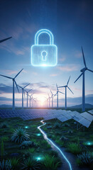 Renewable energy security concept with wind turbine, solar panel, glowing lock symbol, and serene landscape at sunset, representing clean power, protection, and sustainability