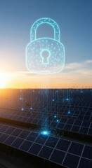 Digital lock security solar panel technology renewable energy futuristic protection sunrise innovation sustainability concept secure environment blue network clean energy power grid cyber data