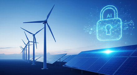 Wind turbine solar panel renewable energy artificial intelligence digital security futuristic blue sky technology clean power innovation. Renewable energy sources with wind turbines and solar