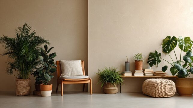 Cozy Corner Sanctuary: A serene indoor space, featuring a modern chair, thriving plants, and minimalist decor, invites relaxation and tranquility. 