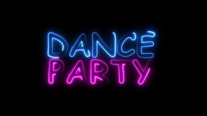 Dance party neon text icon, on black background illustration. Dance party game, music text sign background.