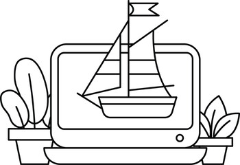 A black and white drawing of a sailboat on a computer screen