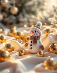 Cute Snowman Among Golden Christmas Ornaments and Lights