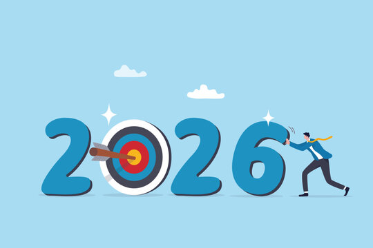 Year 2026 goal or target, new year resolution achievement, development planning, business opportunity objective, year plan challenge, businessman with year number 2026 and target with arrow bullseye.