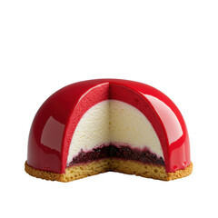 Halved ruby-red mini-dessert dome, hyper-glossy, creamy interior, berry compote, suspended red glaze droplet, transparent background, dramatic backlighting, macro shot. Concept of tantalizing culinary