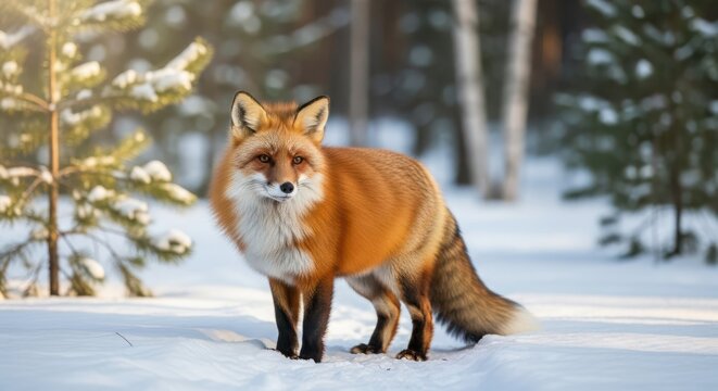 A majestic red fox stands alert in a snowy winter forest, its fur a vibrant contrast against the white landscape, looking at camera - Powered by Adobe