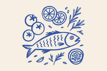 Fish with lemon, herbs and tomatoes, naive sketch vector illustration © Victoria