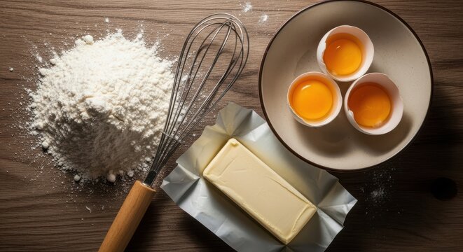 Baking ingredients flour, eggs, and butter on a rustic wooden table, ready for creating delicious homemade treats and desserts
