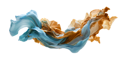 Flowing fabric abstract sculpture with teal and gold hues
