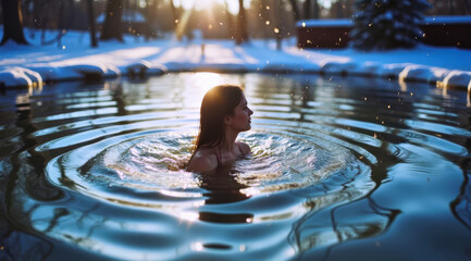 A woman swims in a cold pond in winter to toughen up her body. The sun's rays, forest, and falling snow are in the background.