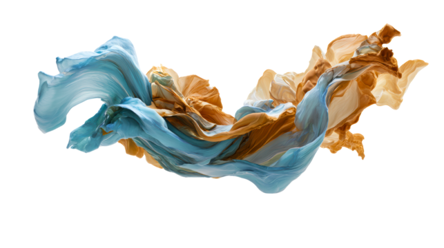 Flowing fabric abstract sculpture with teal and gold hues