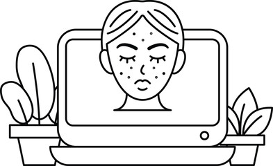 A woman with a black face is sitting in front of a laptop