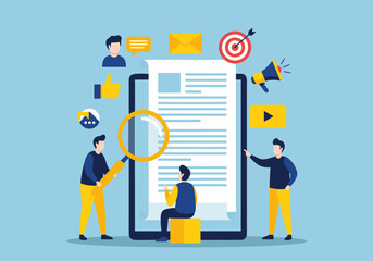 Conceptual business illustration of a team analyzing digital content for a successful online business marketing strategy