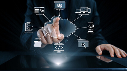 Cloud computing, cloud strategy, and cloud technology transforming digital infrastructure with scalable services, secure data storage, and cloud-based digital business solutions. Elide