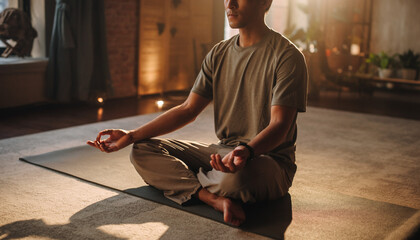 Calm person sitting cross-legged post-exercise, meditating on a mat in soft lighting, blending mental wellness with physical fitness for holistic health.