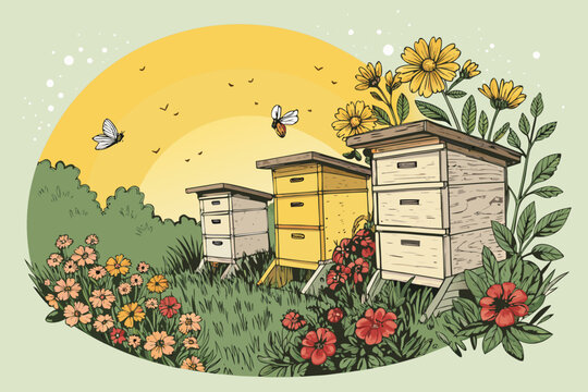 Bee farm with wooden hives amidst vibrant flowers.