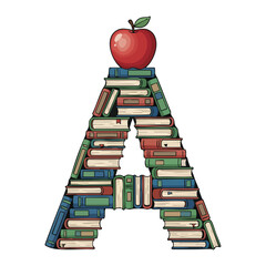 red apple on stack of books illustration