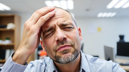 A man in an office has a headache. The man in the striped shirt is holding his head.