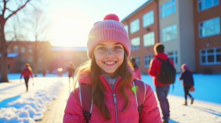 In the morning, a happy schoolgirl stands in winter in a pink jacket and with a backpack on her back