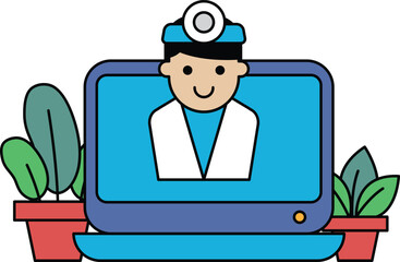 A cartoon of a smiling doctor on a laptop
