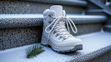 White hiking boot on snowy steps with green pine branch nearby  