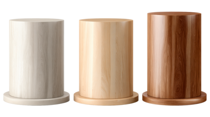 Three wooden cylinders with distinct wood grain textures and bases