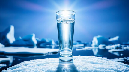 A tall glass of clear, icy water against the backdrop of Antarctic ice.