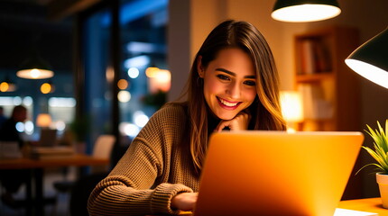 A young woman in a sweater works in an office on a laptop at the end of the working day.